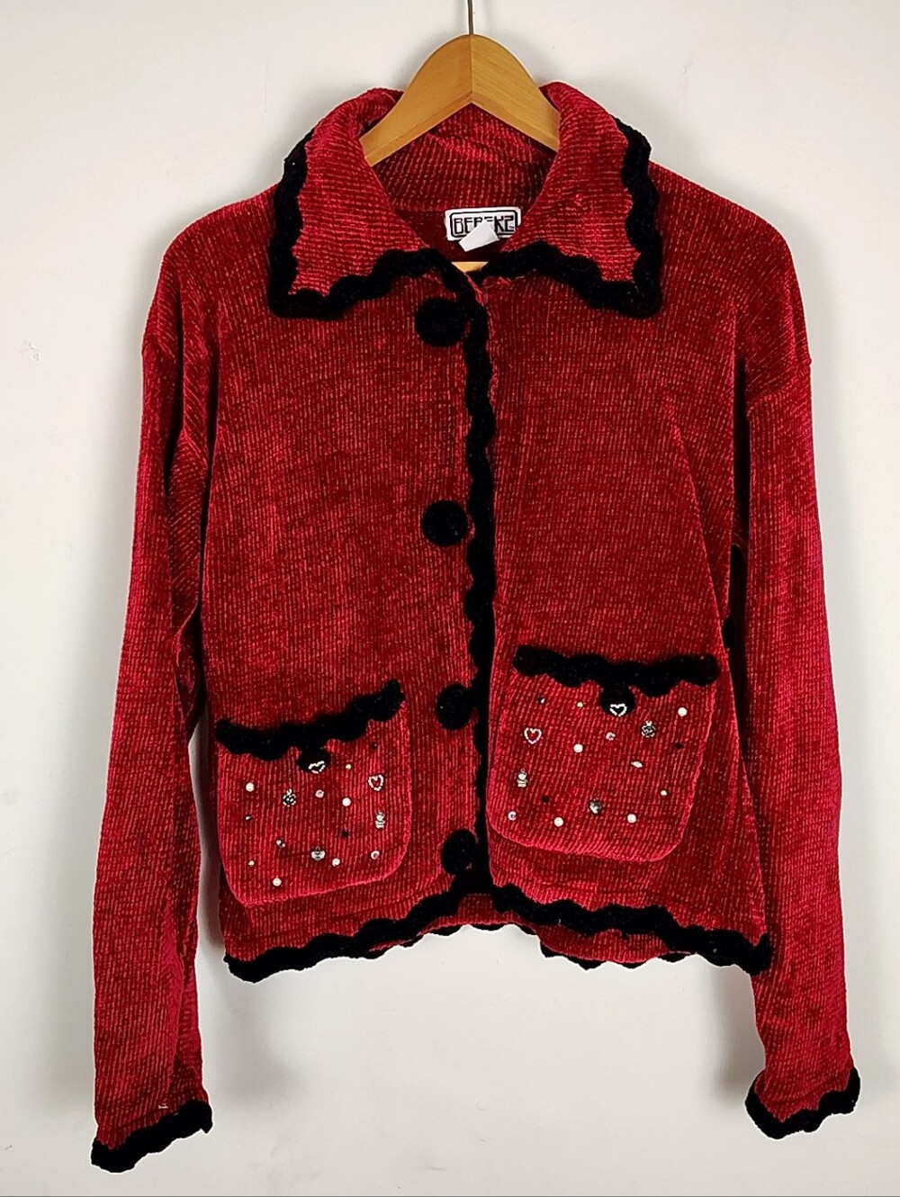 Vintage Berek Valentine Heart Chenille Cardigan Sweater Red Embellished